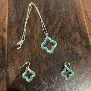 Silver Necklace and Earring Set with Green Clover Pendant